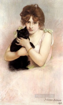  Black Oil Painting - Young Ballerina Holding A Black Cat Carrier Belleuse Pierre